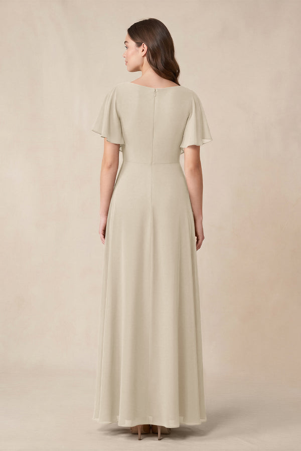 Short Sleeves Bateau A - Line Chiffon Bridesmaid Dress in Champagne - SHE IS ME Bridesmaid Dresses