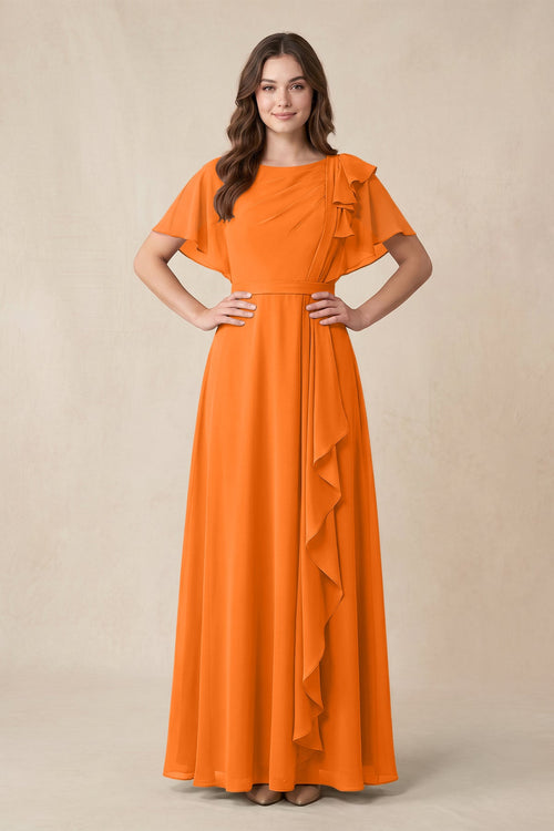 Short Sleeves Bateau A - Line Chiffon Bridesmaid Dress in Cinnamon - SHE IS ME Bridesmaid Dresses