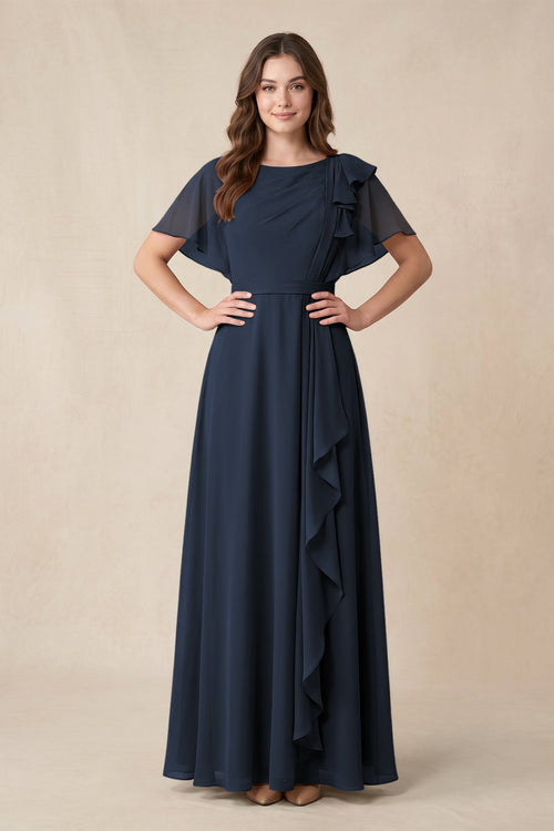 Short Sleeves Bateau A - Line Chiffon Bridesmaid Dress in Dark Navy - SHE IS ME Bridesmaid Dresses