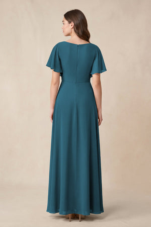 Short Sleeves Bateau A - Line Chiffon Bridesmaid Dress in Dark Teal - SHE IS ME Bridesmaid Dresses