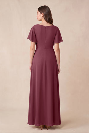 Short Sleeves Bateau A-Line Chiffon Bridesmaid Dress in Desert Rose (2) | KISSBRIDAL