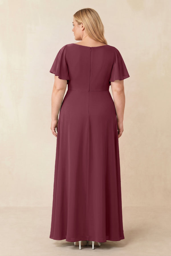 Short Sleeves Bateau A-Line Chiffon Bridesmaid Dress in Desert Rose (2) [sizeplus] | KISSBRIDAL