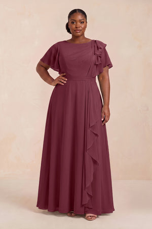 Short Sleeves Bateau A-Line Chiffon Bridesmaid Dress in Desert Rose (3) [sizeplus] | KISSBRIDAL