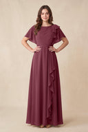 Short Sleeves Bateau A-Line Chiffon Bridesmaid Dress in Desert Rose | KISSBRIDAL