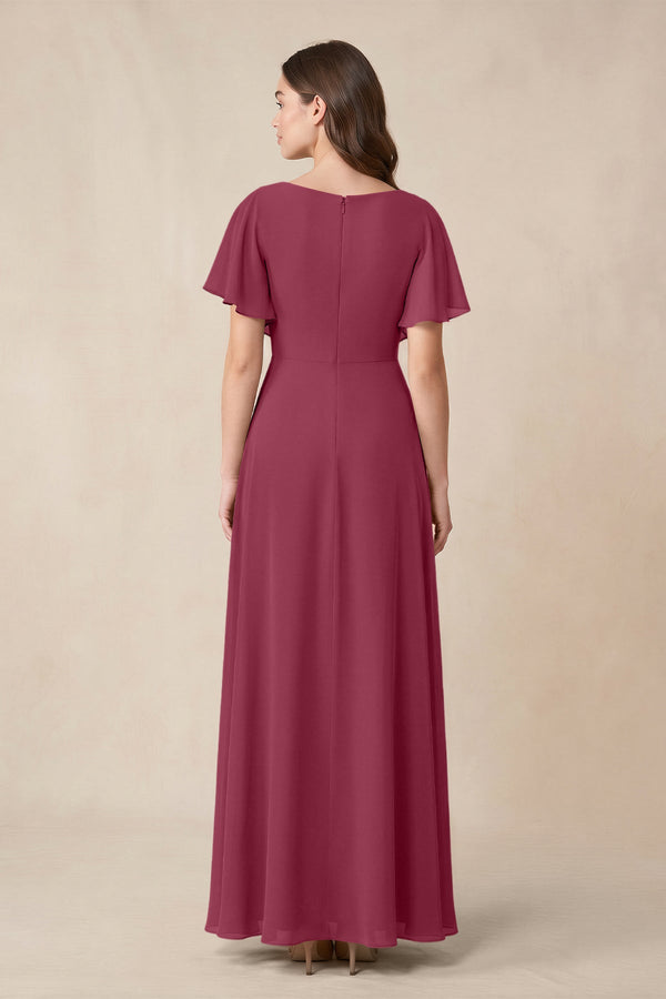 Short Sleeves Bateau A - Line Chiffon Bridesmaid Dress in Desert Rose - SHE IS ME Bridesmaid Dresses