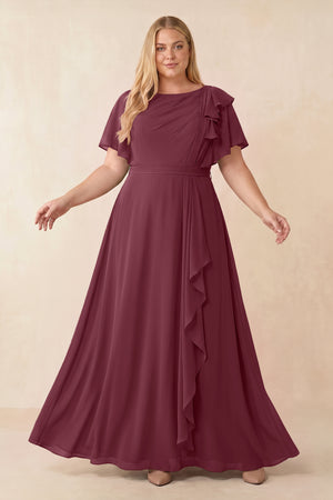 Short Sleeves Bateau A-Line Chiffon Bridesmaid Dress in Desert Rose [sizeplus] | KISSBRIDAL