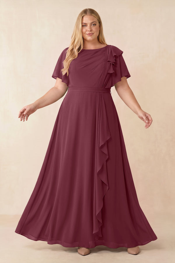 Short Sleeves Bateau A-Line Chiffon Bridesmaid Dress in Desert Rose [sizeplus] | KISSBRIDAL