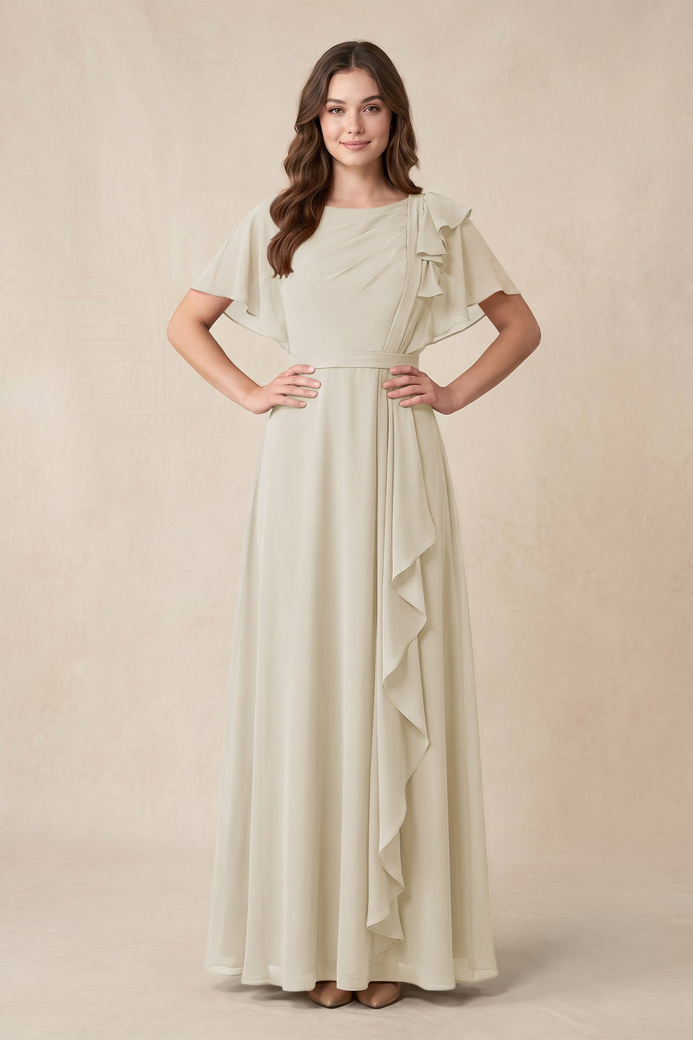 Short Sleeves Bateau A - Line Chiffon Bridesmaid Dress in Dove Gray - KISS BRIDAL Bridesmaid Dresses