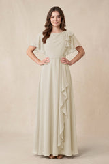 Short Sleeves Bateau A - Line Chiffon Bridesmaid Dress in Dove Gray - KISS BRIDAL Bridesmaid Dresses