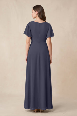 Short Sleeves Bateau A - Line Chiffon Bridesmaid Dress in Dusk Blue - SHE IS ME Bridesmaid Dresses