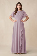 Short Sleeves Bateau A - Line Chiffon Bridesmaid Dress in Dusk - SHE IS ME Bridesmaid Dresses