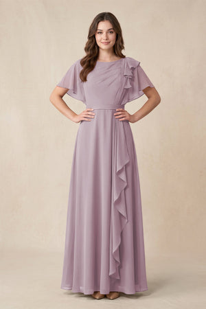 Short Sleeves Bateau A - Line Chiffon Bridesmaid Dress in Dusk - SHE IS ME Bridesmaid Dresses