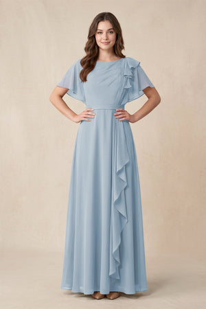 Short Sleeves Bateau A - Line Chiffon Bridesmaid Dress in Dusty Blue - SHE IS ME Bridesmaid Dresses