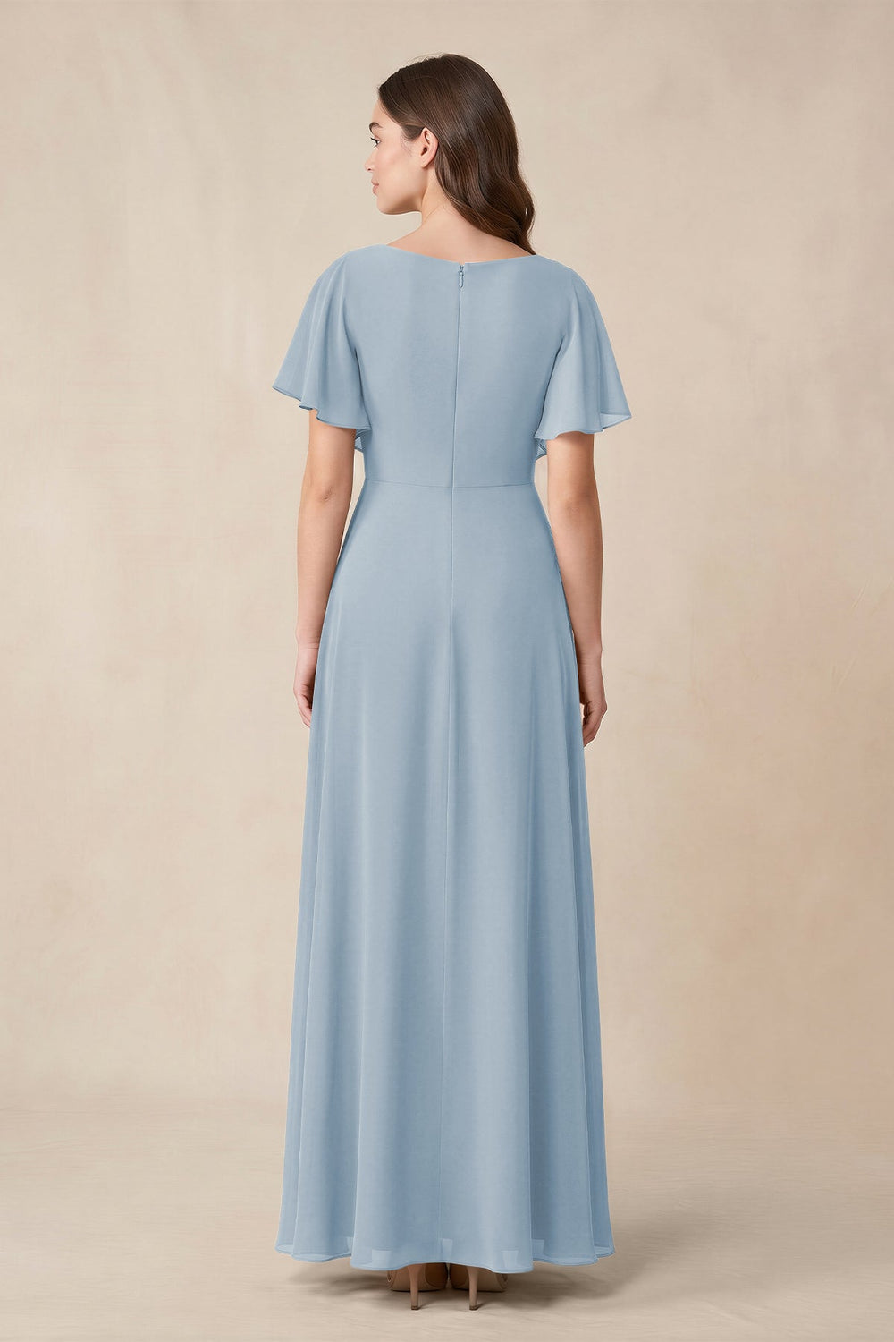 Short Sleeves Bateau A - Line Chiffon Bridesmaid Dress in Dusty Blue - KISS BRIDAL Bridesmaid Dresses