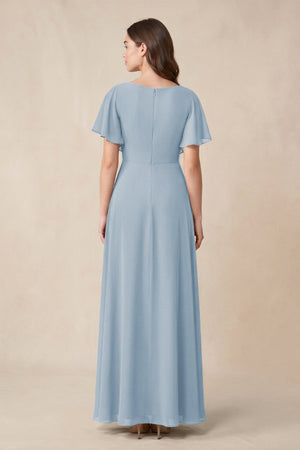 Short Sleeves Bateau A - Line Chiffon Bridesmaid Dress in Dusty Blue - SHE IS ME Bridesmaid Dresses