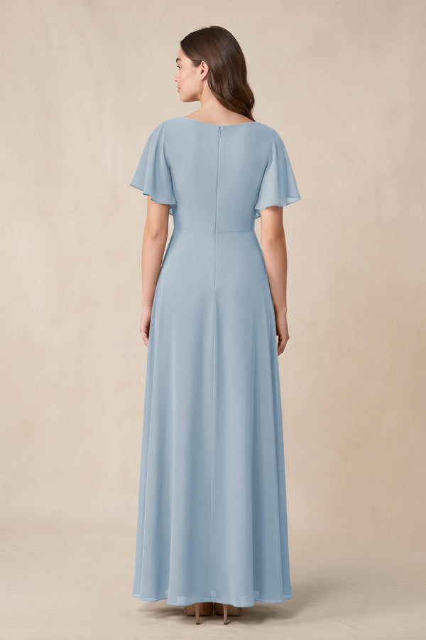 Short Sleeves Bateau A - Line Chiffon Bridesmaid Dress in Dusty Blue - SHE IS ME Bridesmaid Dresses