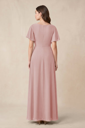 Short Sleeves Bateau A - Line Chiffon Bridesmaid Dress in Dusty Rose - SHE IS ME Bridesmaid Dresses