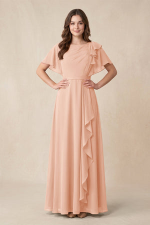 Short Sleeves Bateau A - Line Chiffon Bridesmaid Dress in English Rose - SHE IS ME Bridesmaid Dresses
