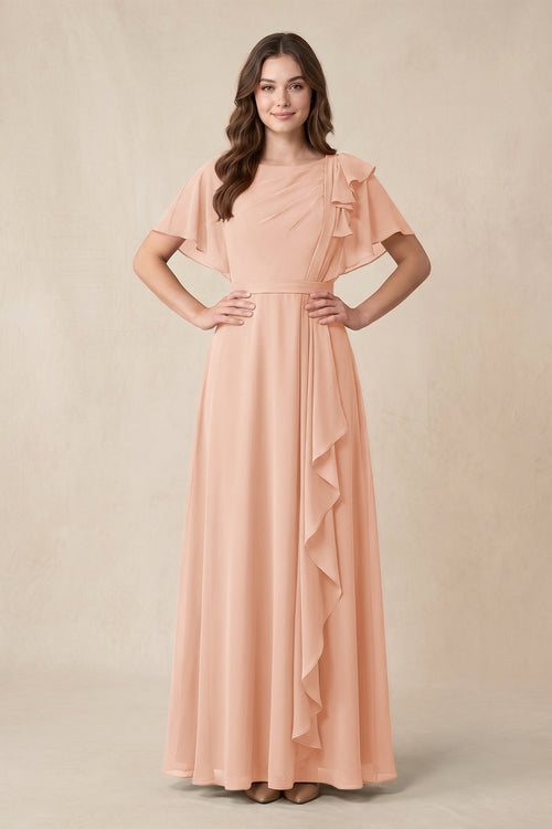 Short Sleeves Bateau A - Line Chiffon Bridesmaid Dress in English Rose - SHE IS ME Bridesmaid Dresses