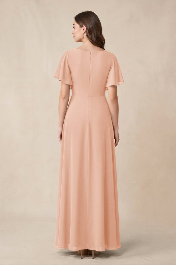 Short Sleeves Bateau A - Line Chiffon Bridesmaid Dress in English Rose - SHE IS ME Bridesmaid Dresses