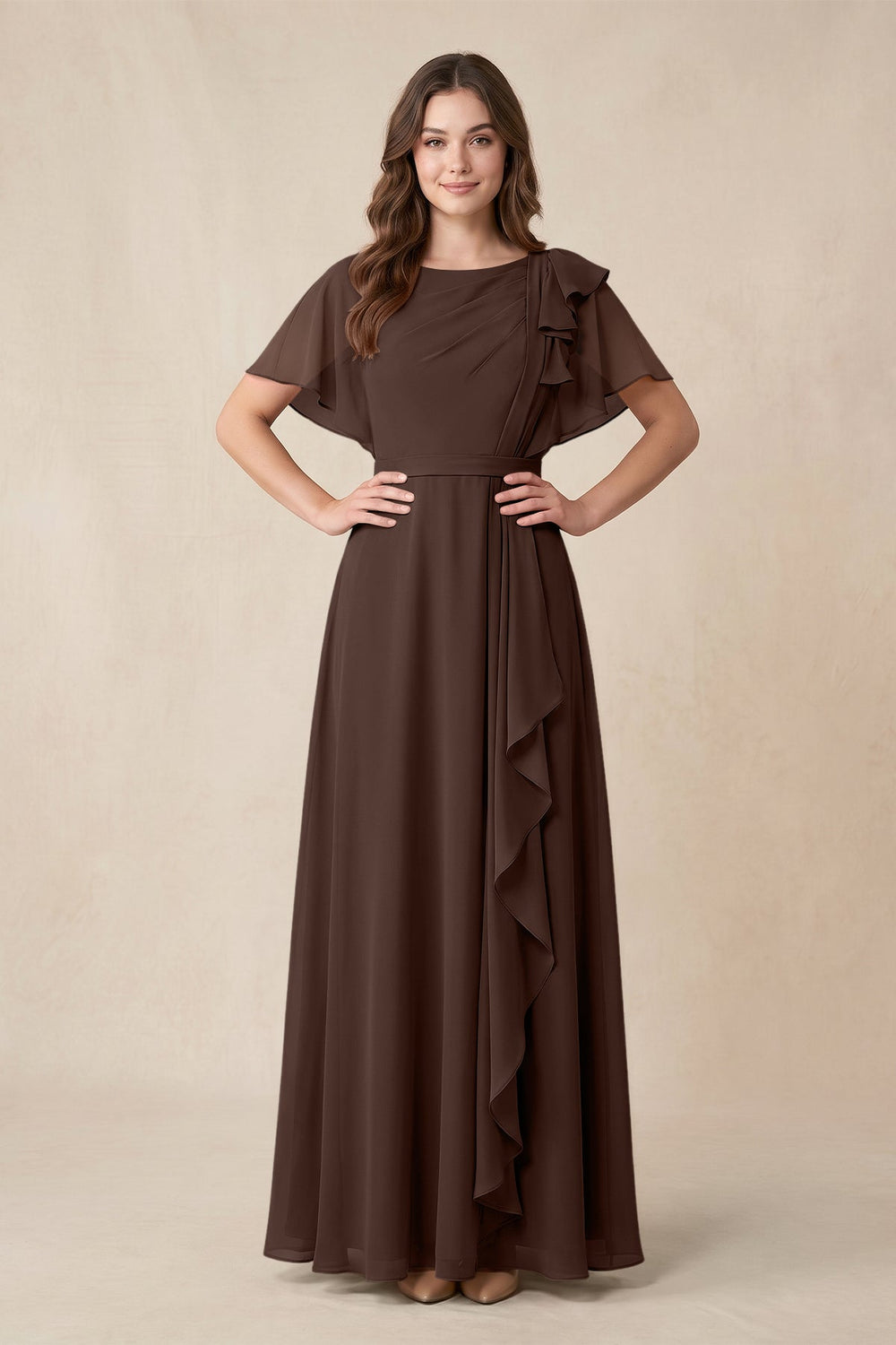 Short Sleeves Bateau A - Line Chiffon Bridesmaid Dress in Espresso - KISS BRIDAL Bridesmaid Dresses