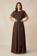 Short Sleeves Bateau A - Line Chiffon Bridesmaid Dress in Espresso - SHE IS ME Bridesmaid Dresses