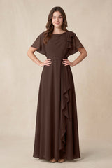Short Sleeves Bateau A - Line Chiffon Bridesmaid Dress in Espresso - KISS BRIDAL Bridesmaid Dresses