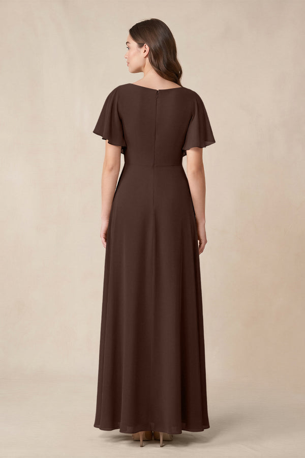 Short Sleeves Bateau A - Line Chiffon Bridesmaid Dress in Espresso - SHE IS ME Bridesmaid Dresses