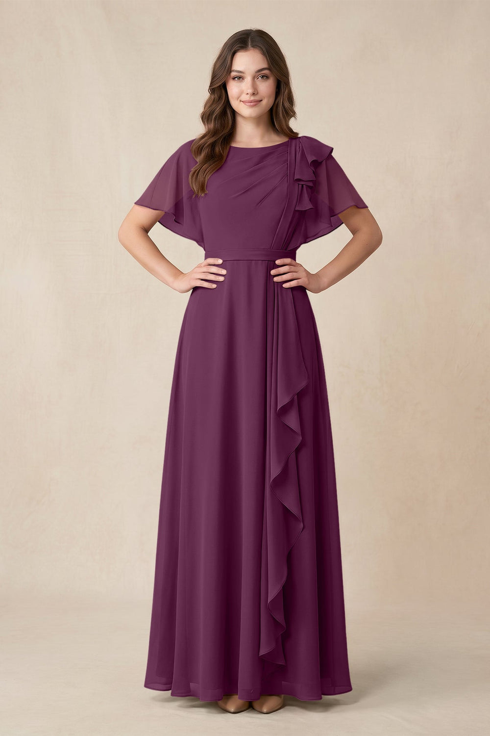 Short Sleeves Bateau A - Line Chiffon Bridesmaid Dress in Fig - KISS BRIDAL Bridesmaid Dresses
