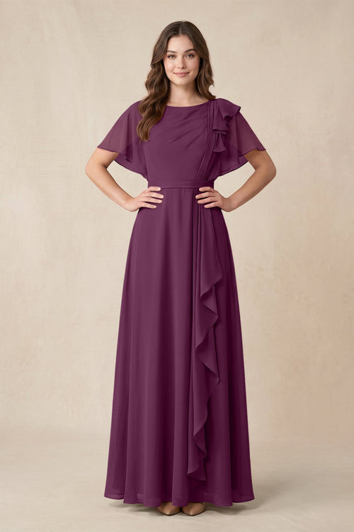Short Sleeves Bateau A - Line Chiffon Bridesmaid Dress in Fig - SHE IS ME Bridesmaid Dresses