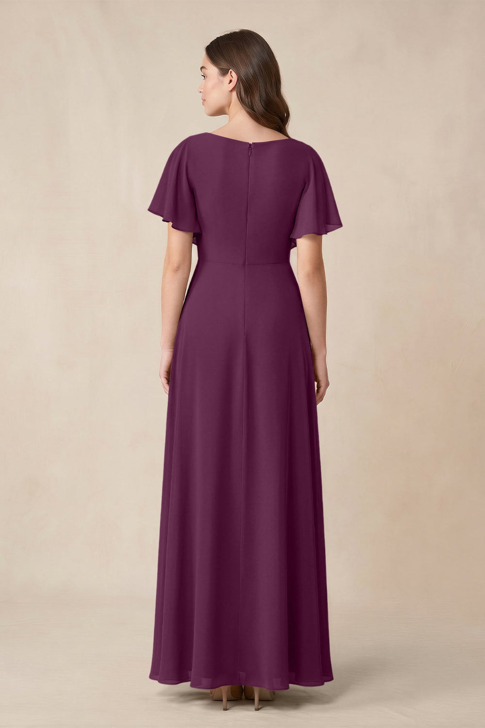 Short Sleeves Bateau A - Line Chiffon Bridesmaid Dress in Fig - KISS BRIDAL Bridesmaid Dresses