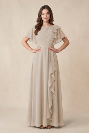 Short Sleeves Bateau A - Line Chiffon Bridesmaid Dress in Frost - SHE IS ME Bridesmaid Dresses