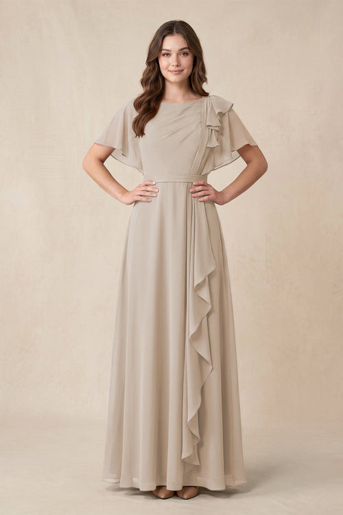 Short Sleeves Bateau A - Line Chiffon Bridesmaid Dress in Frost - SHE IS ME Bridesmaid Dresses