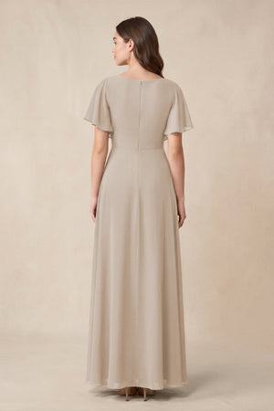 Short Sleeves Bateau A - Line Chiffon Bridesmaid Dress in Frost - SHE IS ME Bridesmaid Dresses