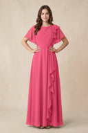 Short Sleeves Bateau A - Line Chiffon Bridesmaid Dress in Fuchsia - SHE IS ME Bridesmaid Dresses