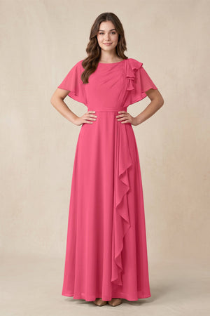 Short Sleeves Bateau A - Line Chiffon Bridesmaid Dress in Fuchsia - SHE IS ME Bridesmaid Dresses