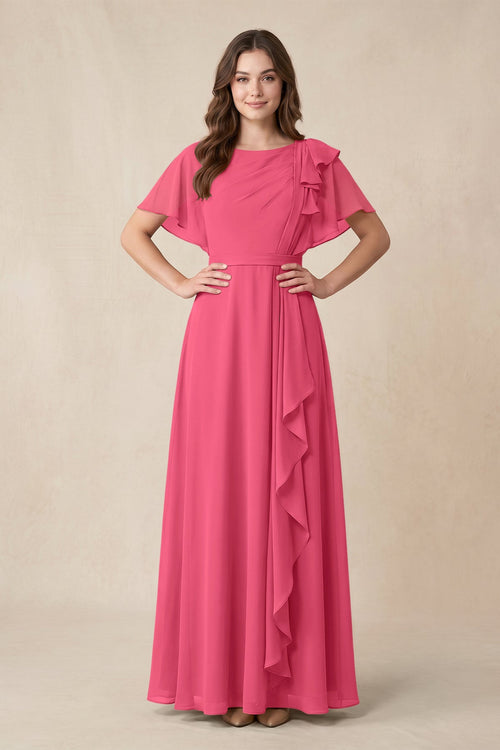Short Sleeves Bateau A - Line Chiffon Bridesmaid Dress in Fuchsia - SHE IS ME Bridesmaid Dresses