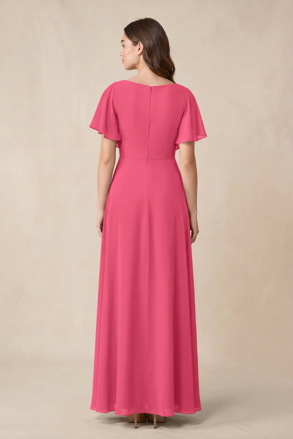 Short Sleeves Bateau A - Line Chiffon Bridesmaid Dress in Fuchsia - KISS BRIDAL Bridesmaid Dresses