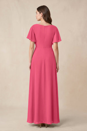 Short Sleeves Bateau A - Line Chiffon Bridesmaid Dress in Fuchsia - SHE IS ME Bridesmaid Dresses