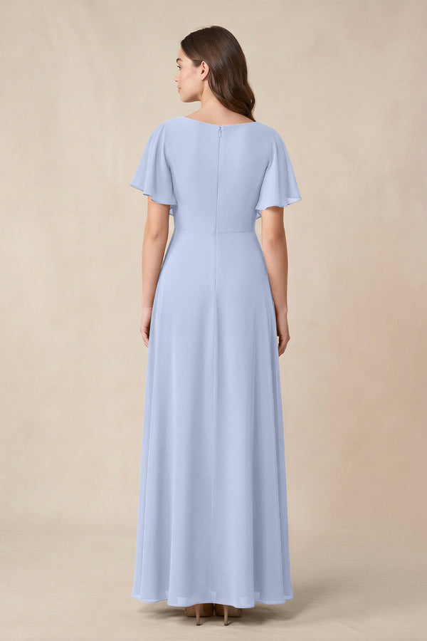 Short Sleeves Bateau A - Line Chiffon Bridesmaid Dress in Ice - SHE IS ME Bridesmaid Dresses