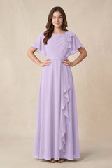 Short Sleeves Bateau A - Line Chiffon Bridesmaid Dress in Lavender - KISS BRIDAL Bridesmaid Dresses