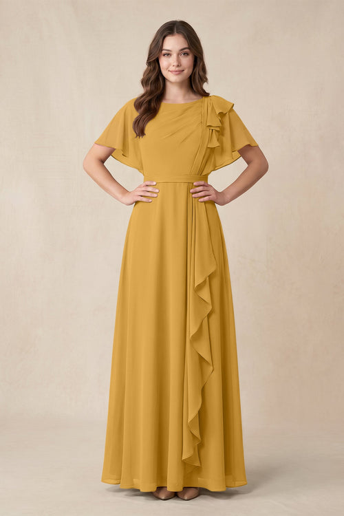 Short Sleeves Bateau A - Line Chiffon Bridesmaid Dress in Marigold - SHE IS ME Bridesmaid Dresses