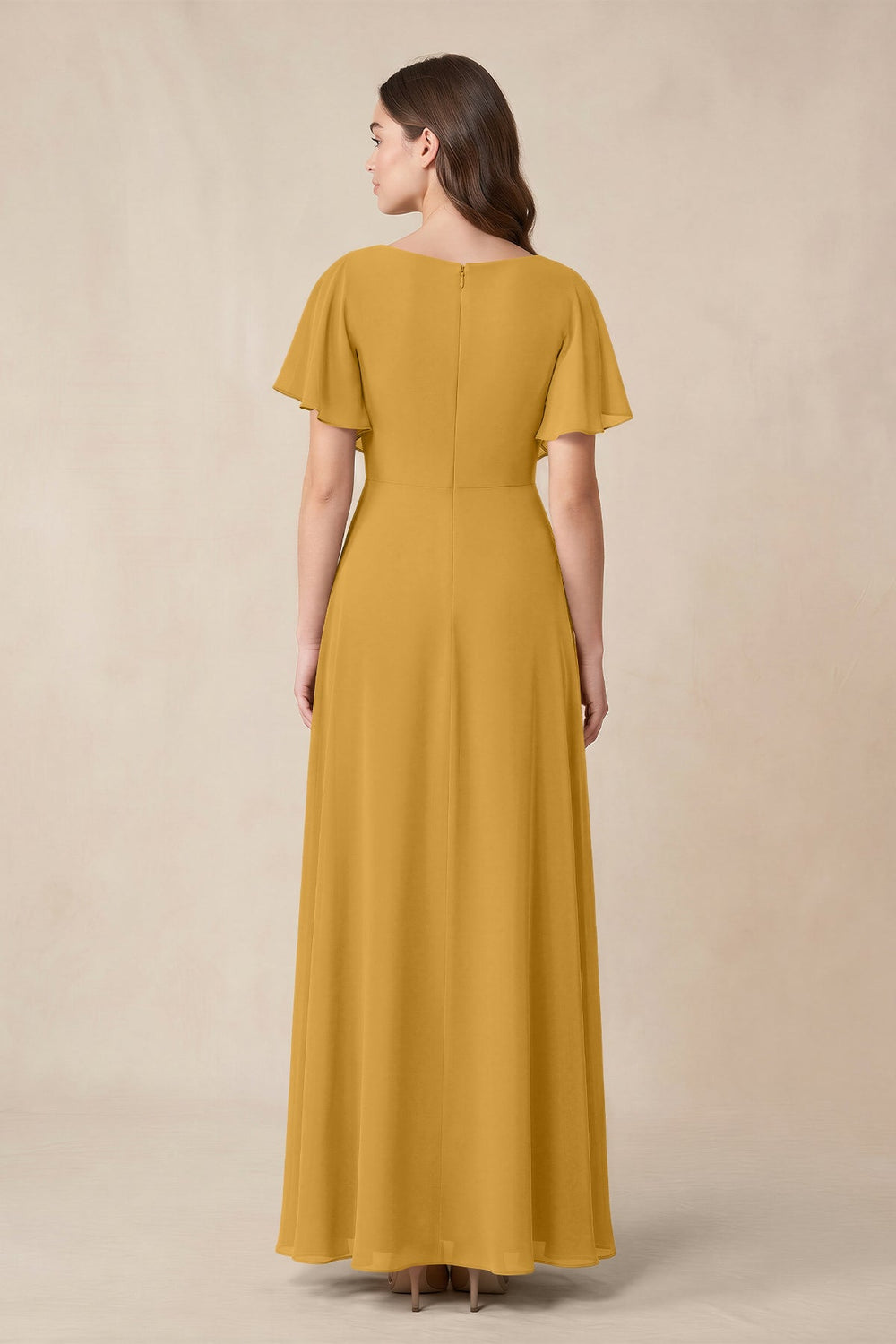 Short Sleeves Bateau A - Line Chiffon Bridesmaid Dress in Marigold - KISS BRIDAL Bridesmaid Dresses