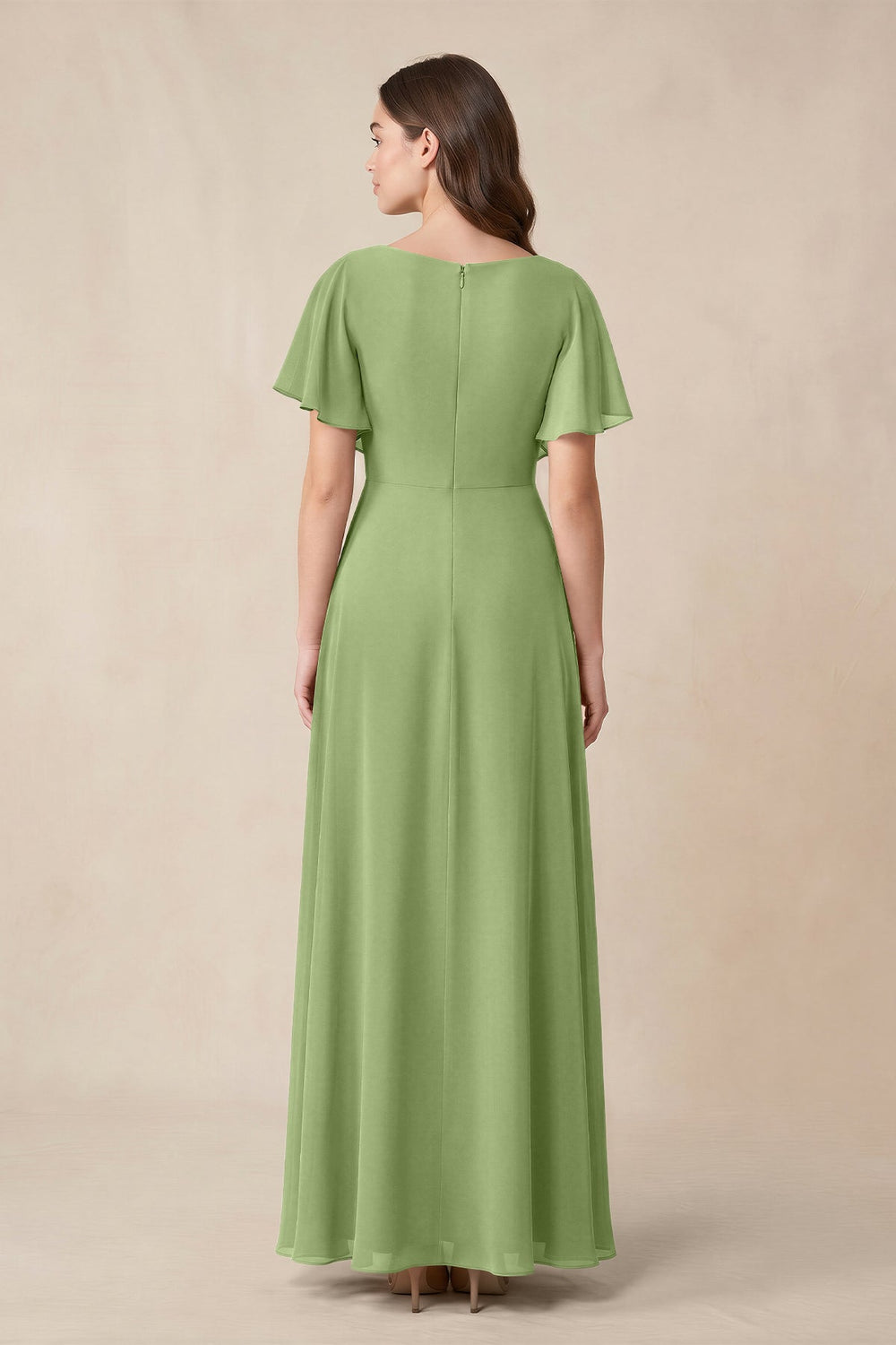 Short Sleeves Bateau A - Line Chiffon Bridesmaid Dress in Matcha - KISS BRIDAL Bridesmaid Dresses