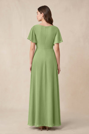 Short Sleeves Bateau A - Line Chiffon Bridesmaid Dress in Matcha - SHE IS ME Bridesmaid Dresses