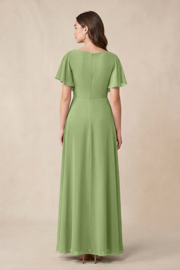 Short Sleeves Bateau A - Line Chiffon Bridesmaid Dress in Matcha - SHE IS ME Bridesmaid Dresses