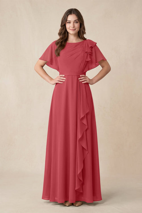 Short Sleeves Bateau A - Line Chiffon Bridesmaid Dress in Merlot - SHE IS ME Bridesmaid Dresses