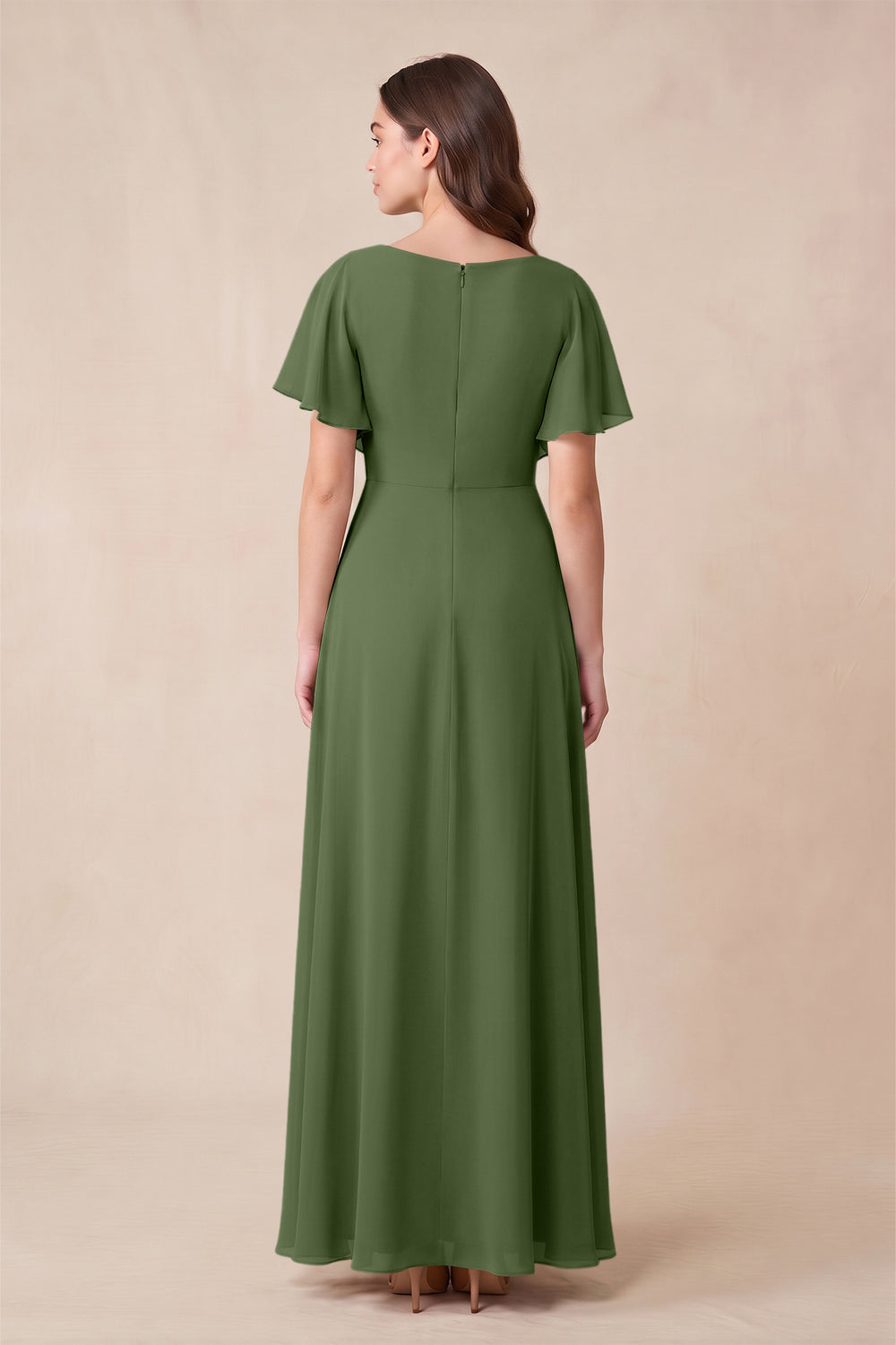 Short Sleeves Bateau A-Line Chiffon Bridesmaid Dress in Moss