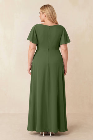 Short Sleeves Bateau A-Line Chiffon Bridesmaid Dress in Moss (2) [sizeplus] | KISSBRIDAL