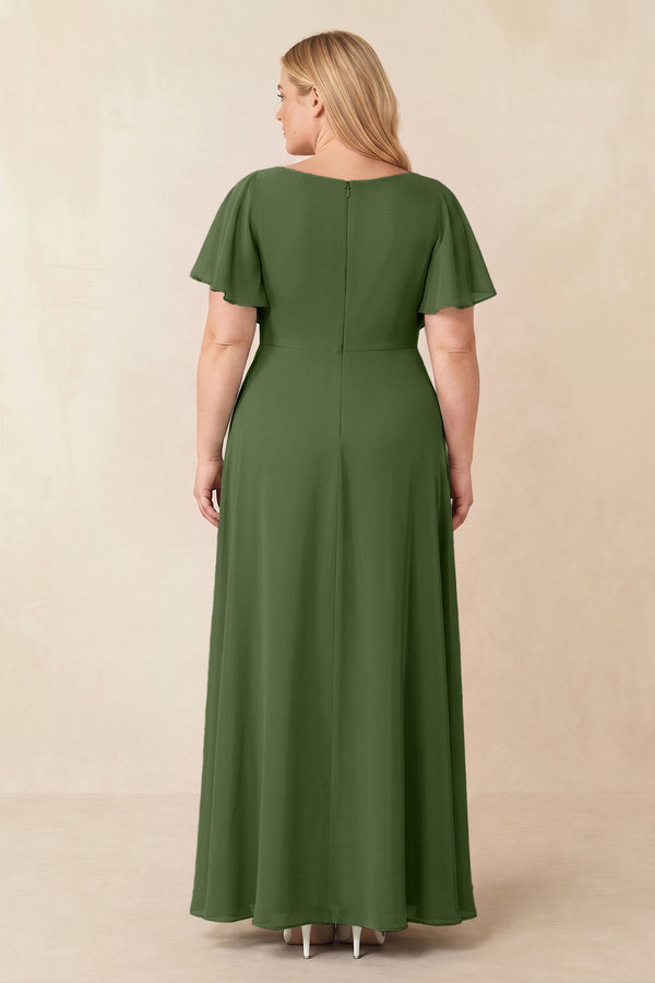 Short Sleeves Bateau A-Line Chiffon Bridesmaid Dress in Moss (2) [sizeplus] | KISSBRIDAL